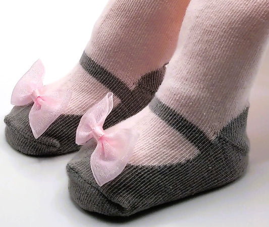 Grey Mary Jane tights with pink bow