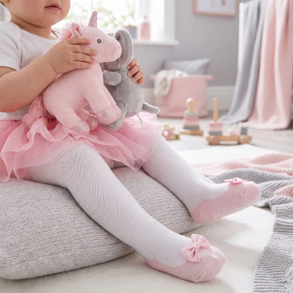 White tights with pink pump and polka dot bow